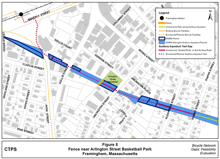 Figure 5 – Map illustrating where a fence is located near the Arlington Street Basketball Park, atop the Sudbury Aqueduct and blocking the proposed route of the aqueduct trail for bicyclists and pedestrians.